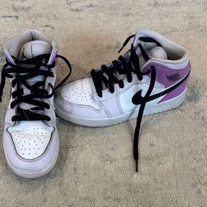 Kids White and Purple Jordan Nike Sneakers